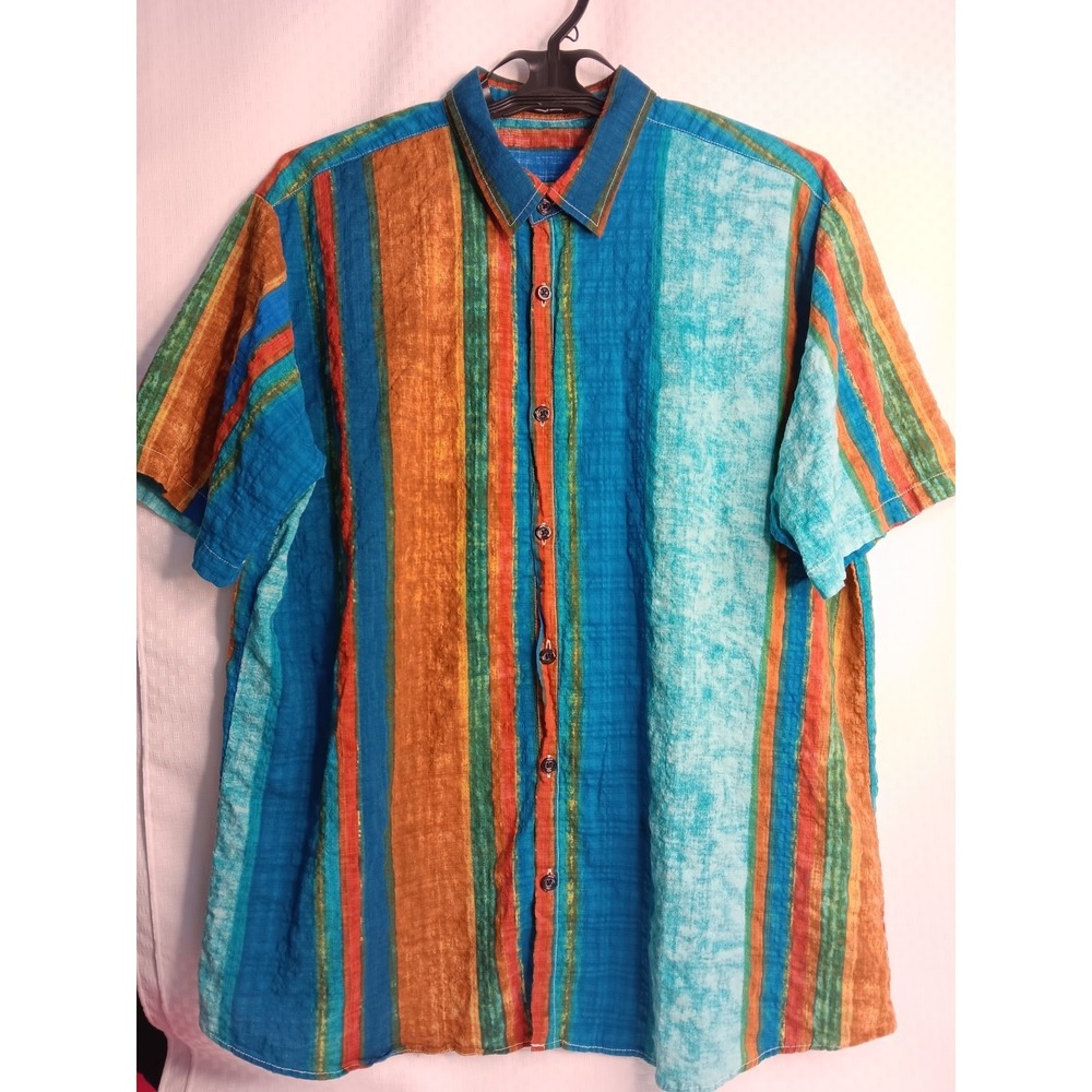 JOGAL Men's Striped Button Down Short Sleeve Shirt Size XL Teal Rust Green